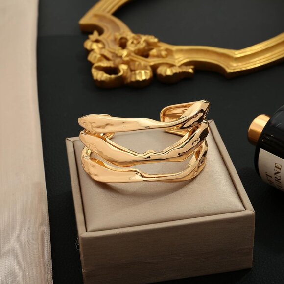 Bold Gold Chunky Cuff Bracelet for Women with Hammered Finish, Adjustable Irregu - Picture 5 of 8